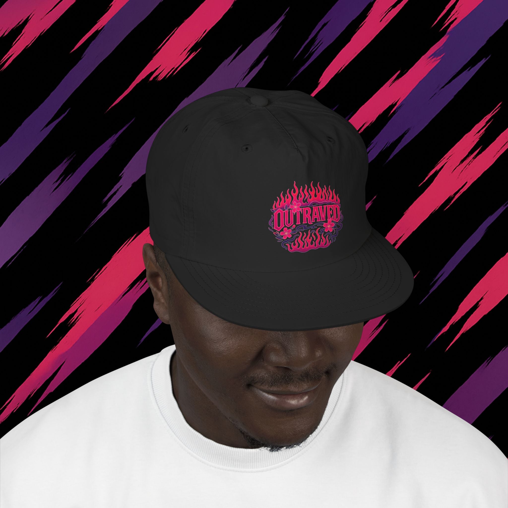 Surf Cap — White Snapback Hat with Pink ‘OUTRAVED’ Flame Logo