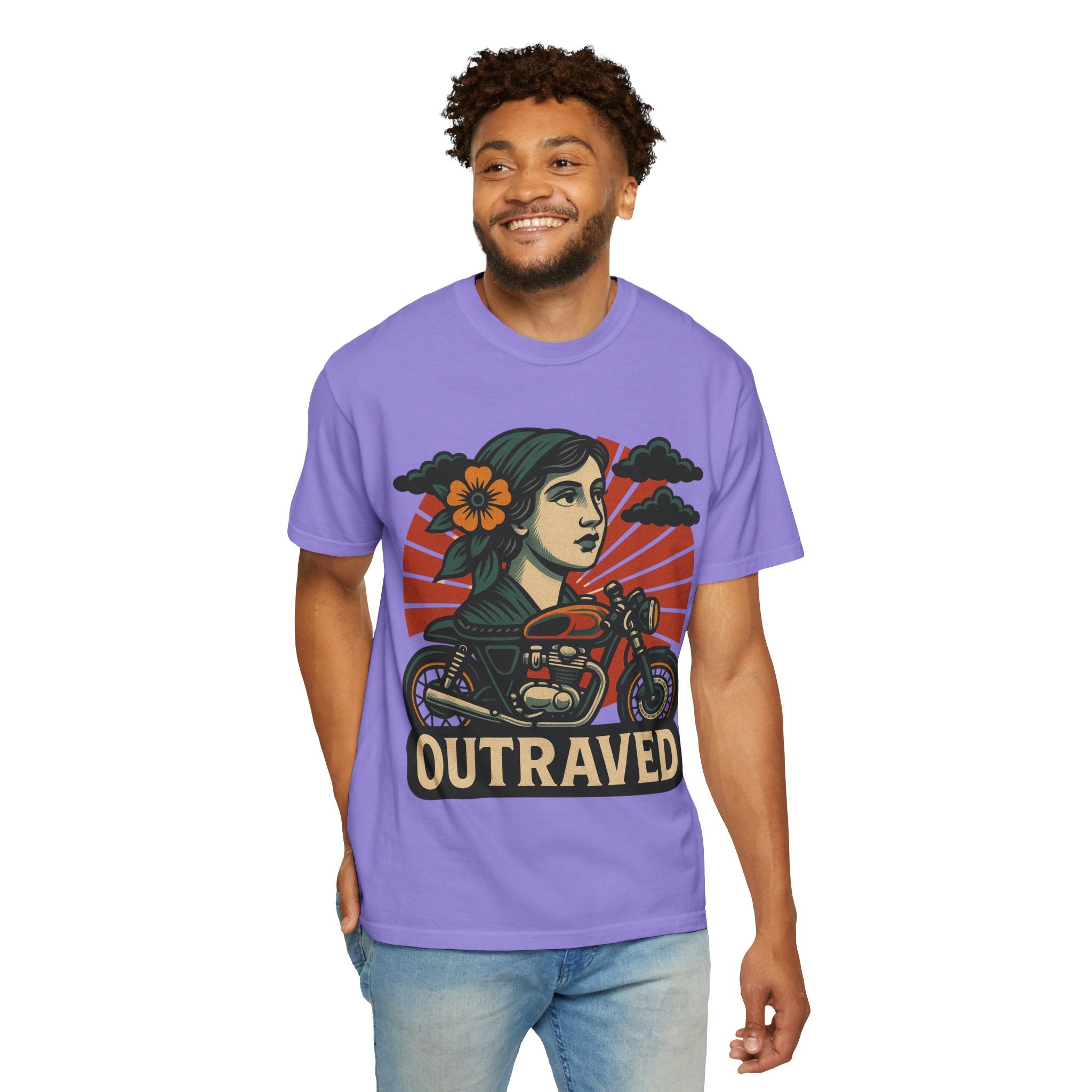 A Outraved Motorcycle Graphic T-Shirt — Vintage Rider Skull & Sunburst Tee