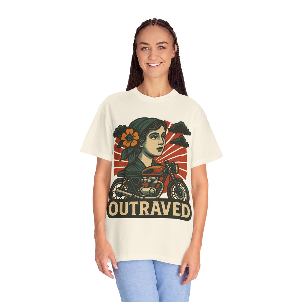 A Outraved Motorcycle Graphic T-Shirt — Vintage Rider Skull & Sunburst Tee