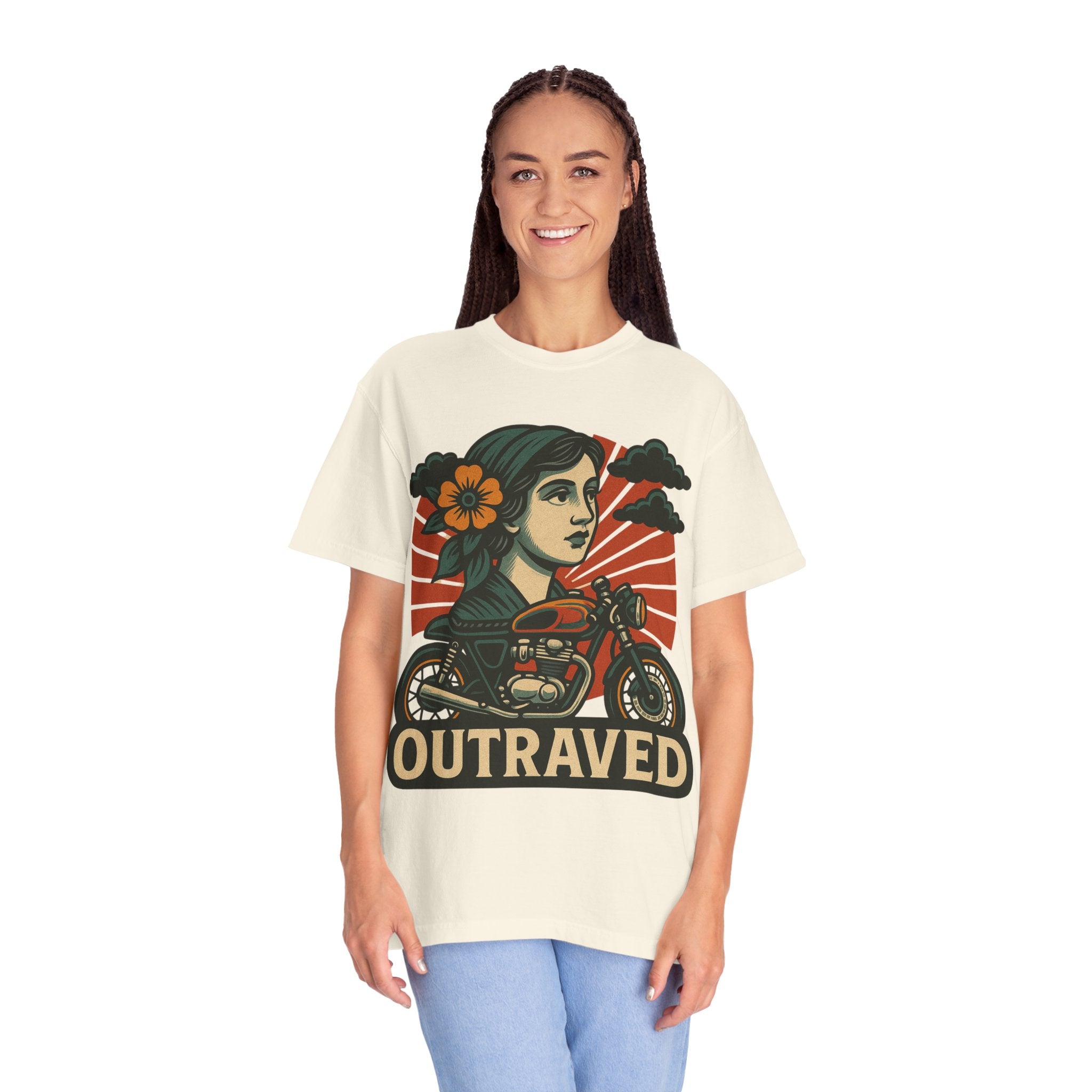 A Outraved Motorcycle Graphic T-Shirt — Vintage Rider Skull & Sunburst Tee