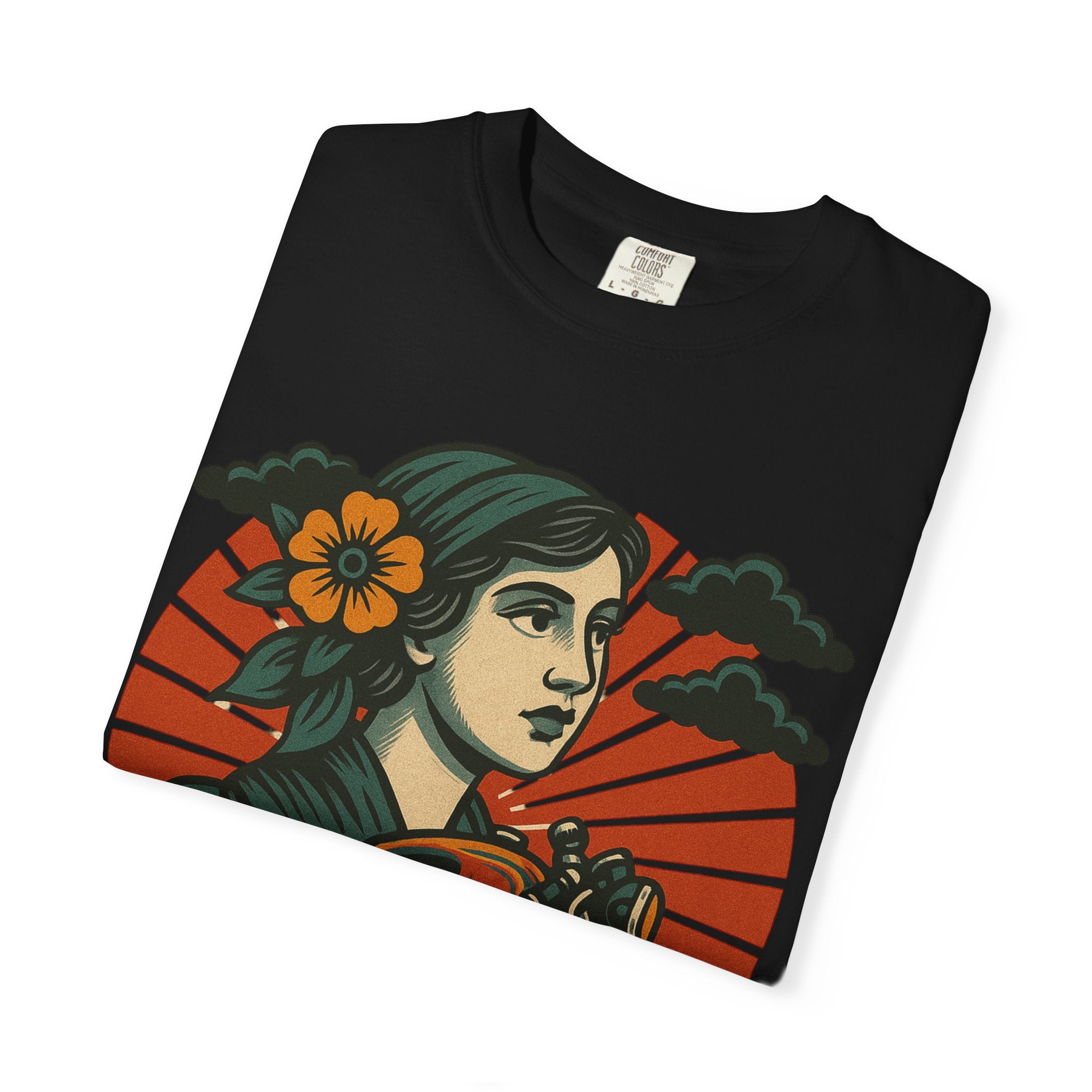 A Outraved Motorcycle Graphic T-Shirt — Vintage Rider Skull & Sunburst Tee