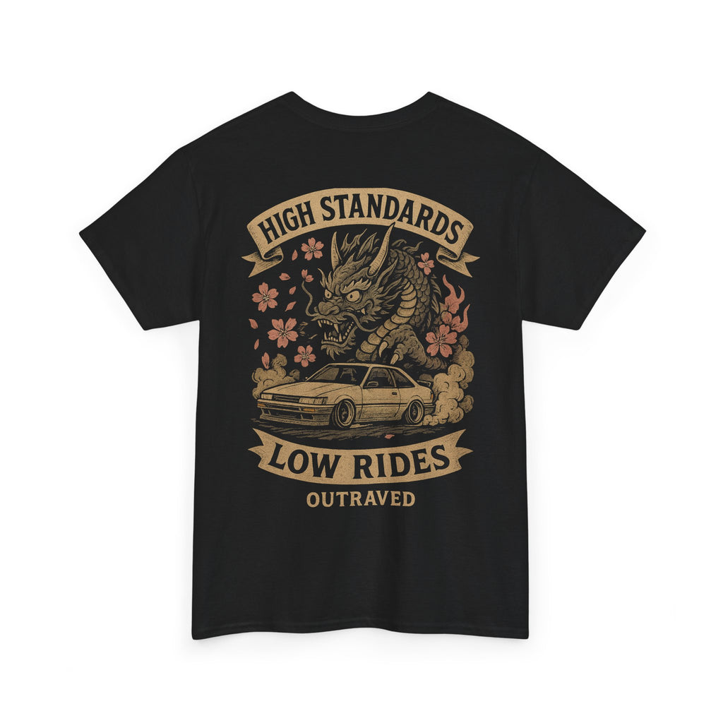 A Outraved 'High Standards Low Rides' Graphic Tee — Vintage Dragon Car Design