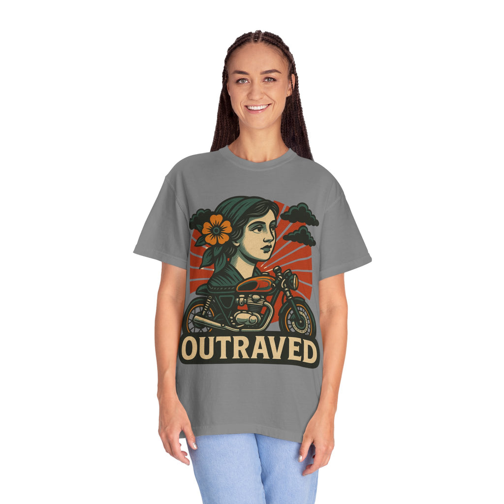 A Outraved Motorcycle Graphic T-Shirt — Vintage Rider Skull & Sunburst Tee