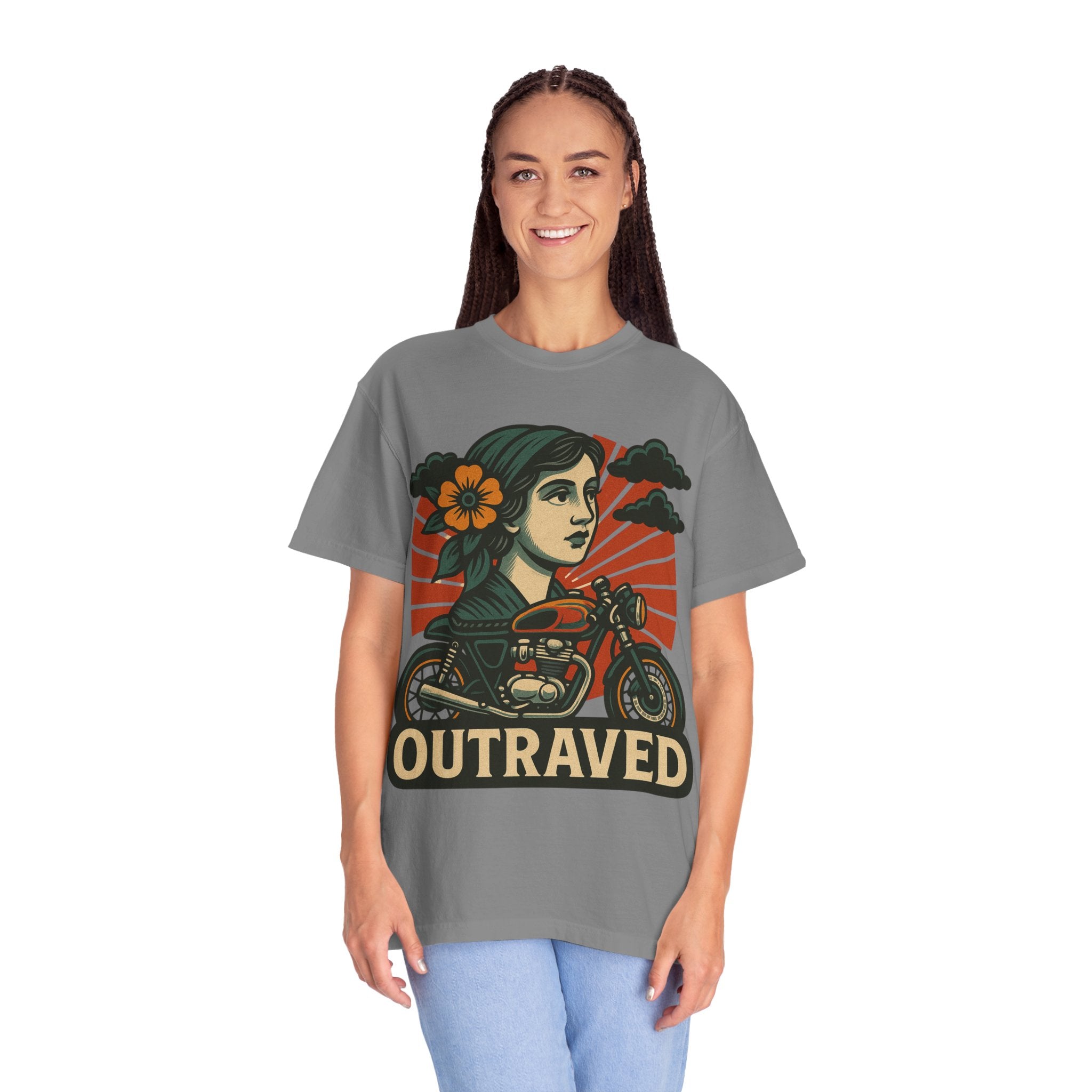 A Outraved Motorcycle Graphic T-Shirt — Vintage Rider Skull & Sunburst Tee