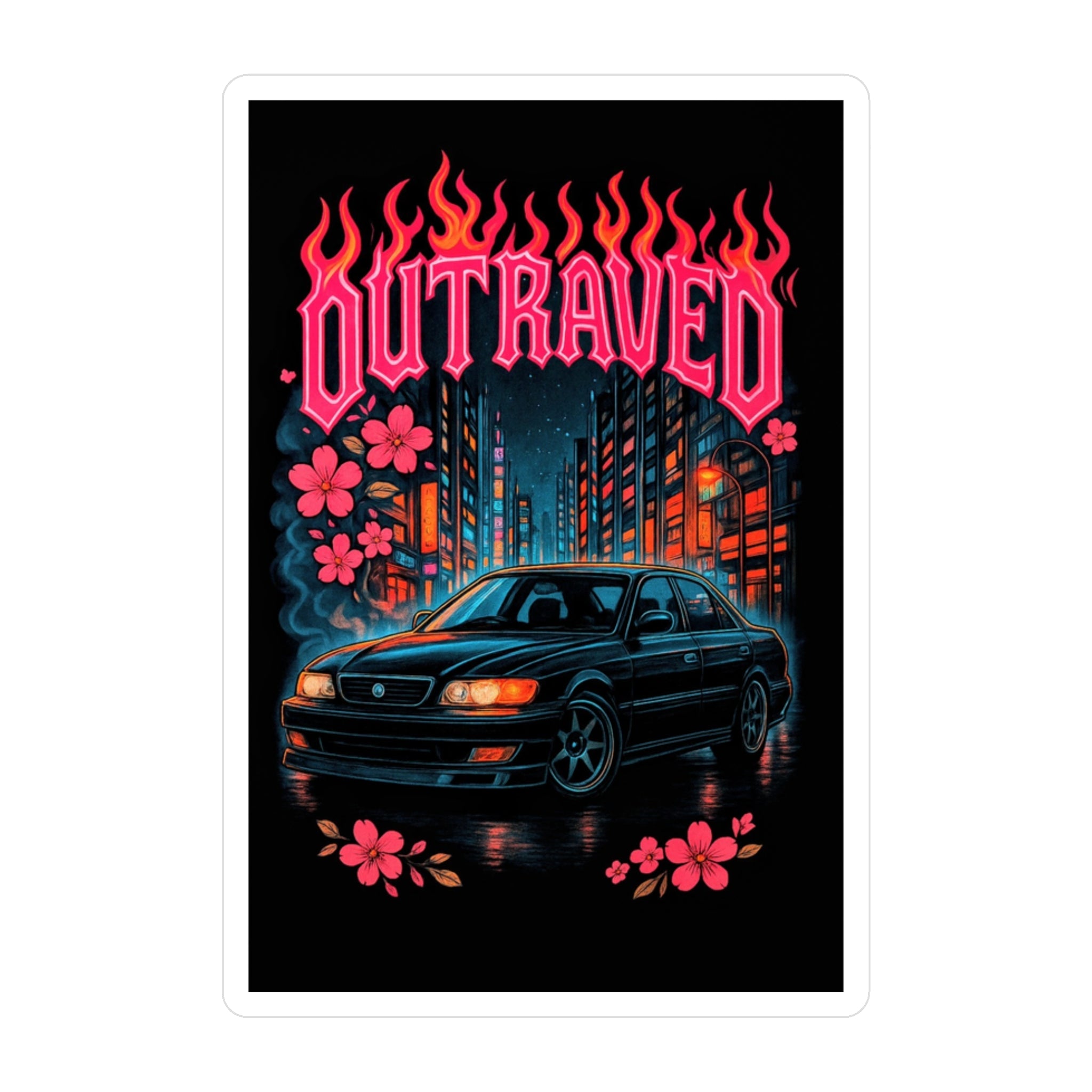 Sticker — Retro JDM Car “Outraved” Neon Flames & Cherry Blossoms