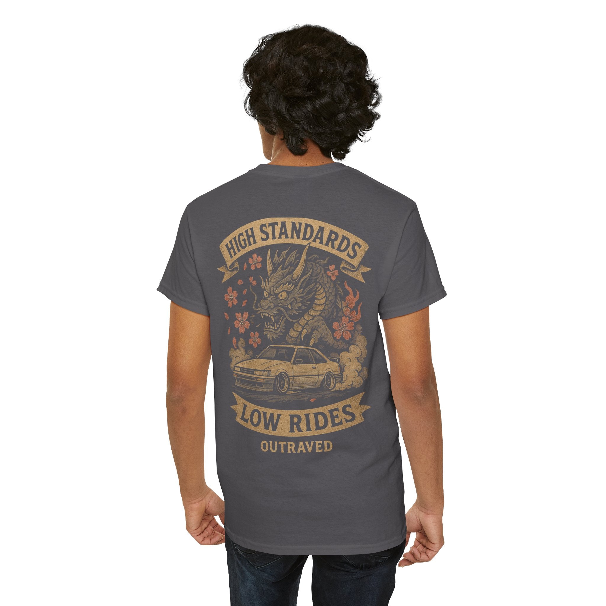 A Outraved 'High Standards Low Rides' Graphic Tee — Vintage Dragon Car Design