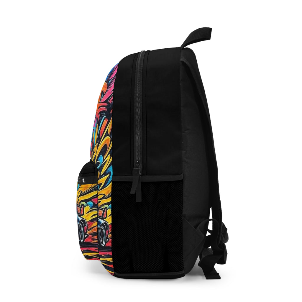 Outraved Sports Car Backpack — Neon Street Racing Graphic Bag