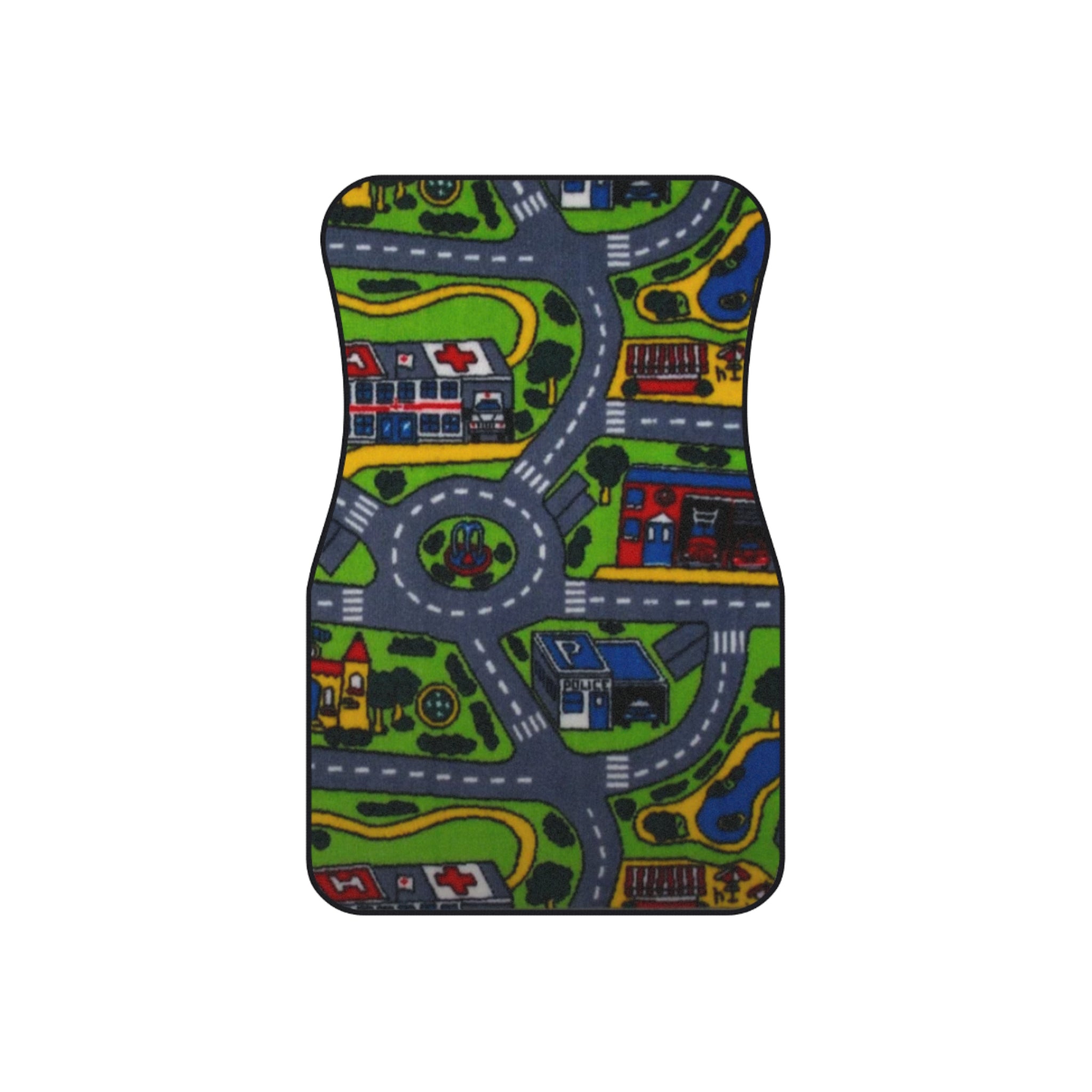 Children’s Playroad Car Floor Mats — Two Front Seat Covers with Colorful Town Roadmap Design