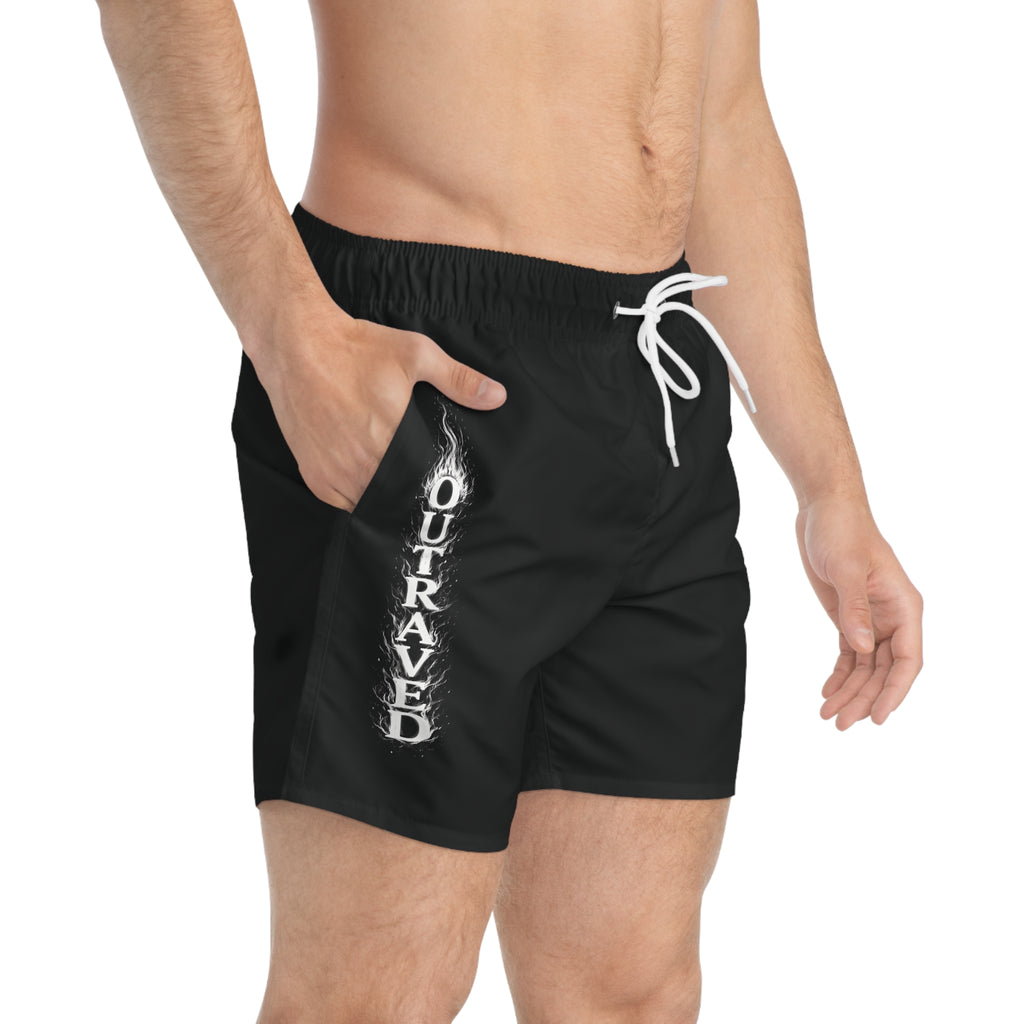 Men's Black Swim Trunks with 'Outraved' Flaming Gothic Text — Beach & Pool Shorts