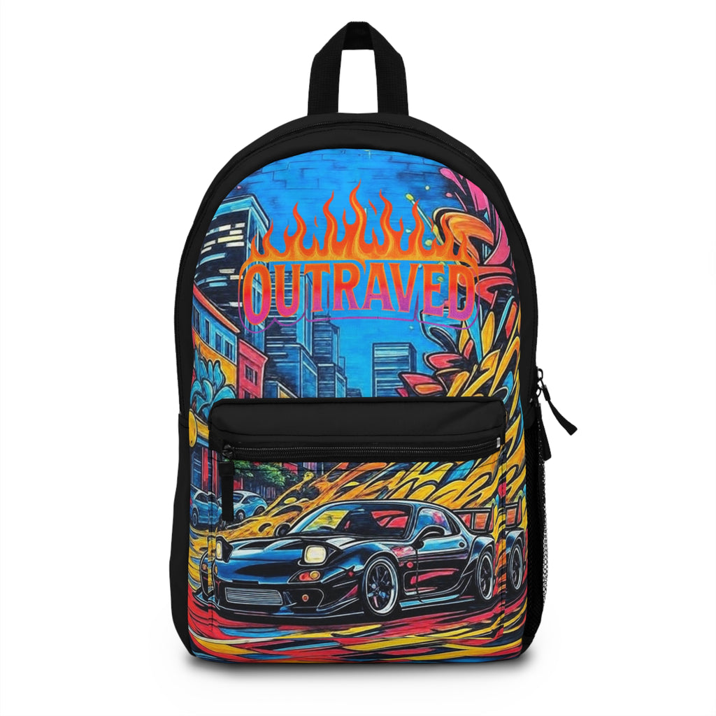 Outraved Sports Car Backpack — Neon Street Racing Graphic Bag