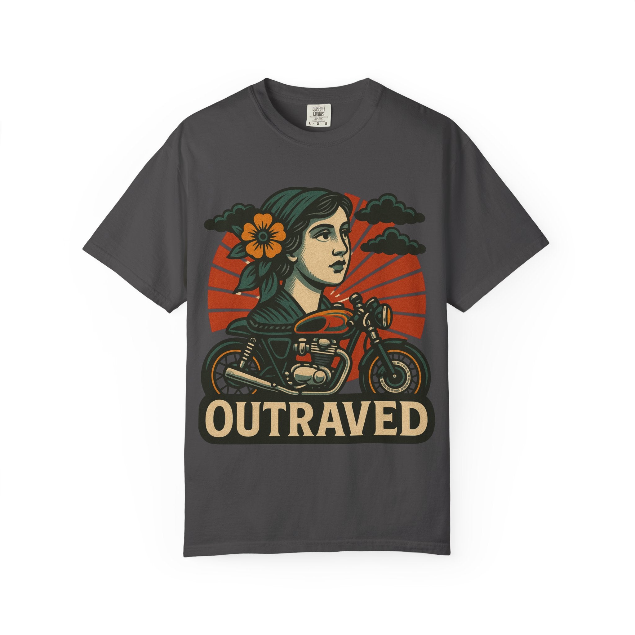 A Outraved Motorcycle Graphic T-Shirt — Vintage Rider Skull & Sunburst Tee