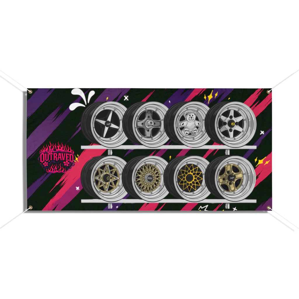 Custom Racing Wheels Vinyl Banner – Automotive Shop Display, Wheel Rim Design