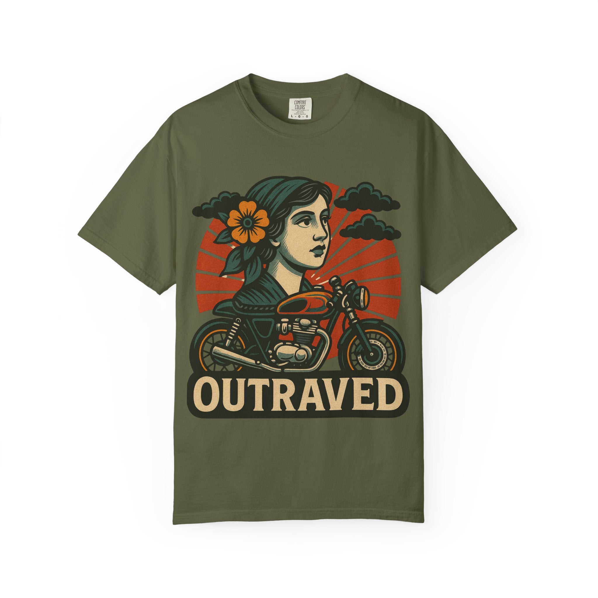 A Outraved Motorcycle Graphic T-Shirt — Vintage Rider Skull & Sunburst Tee