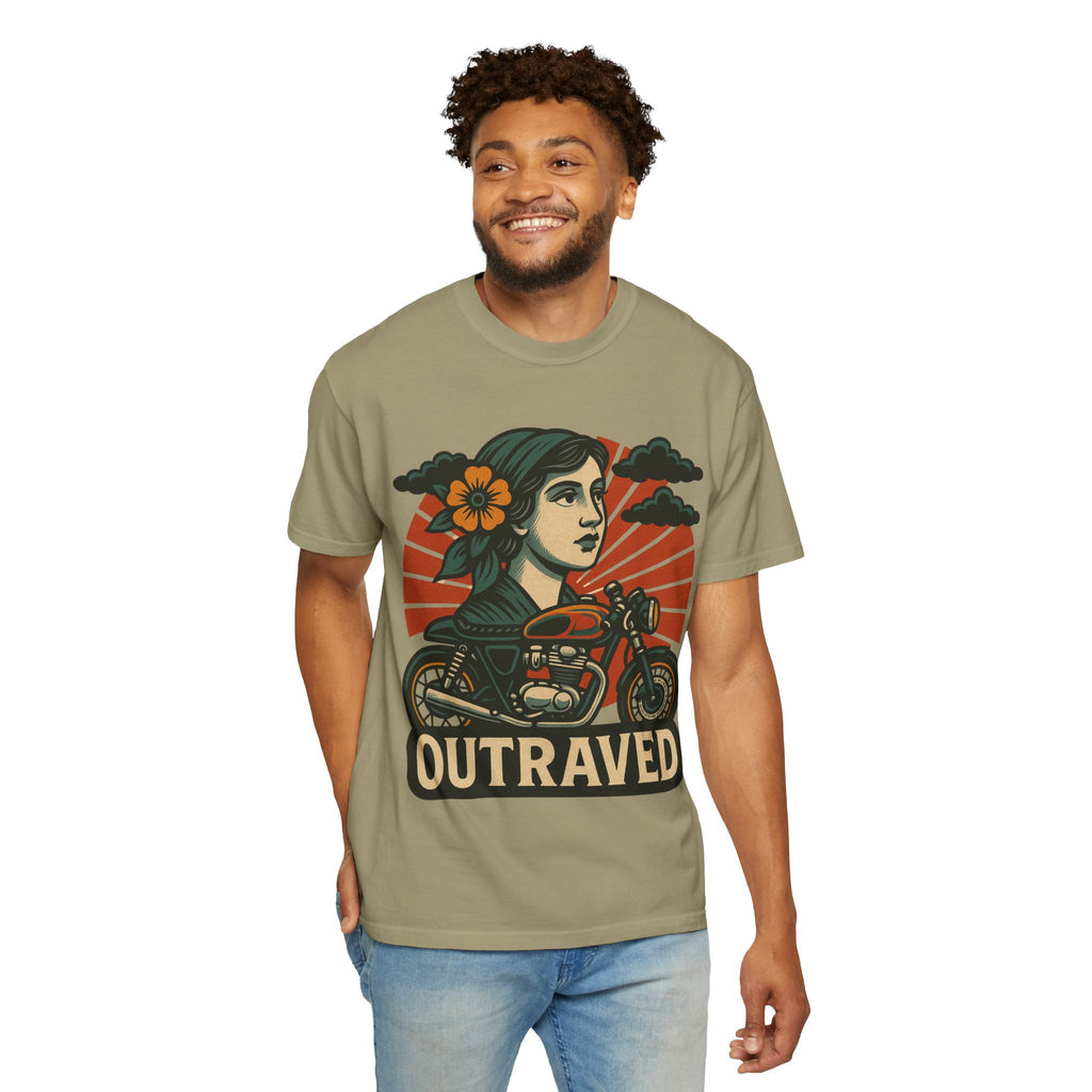 A Outraved Motorcycle Graphic T-Shirt — Vintage Rider Skull & Sunburst Tee