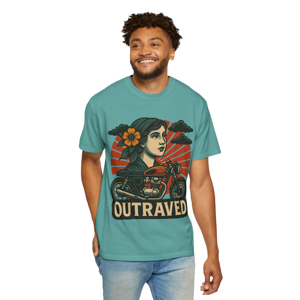 A Outraved Motorcycle Graphic T-Shirt — Vintage Rider Skull & Sunburst Tee