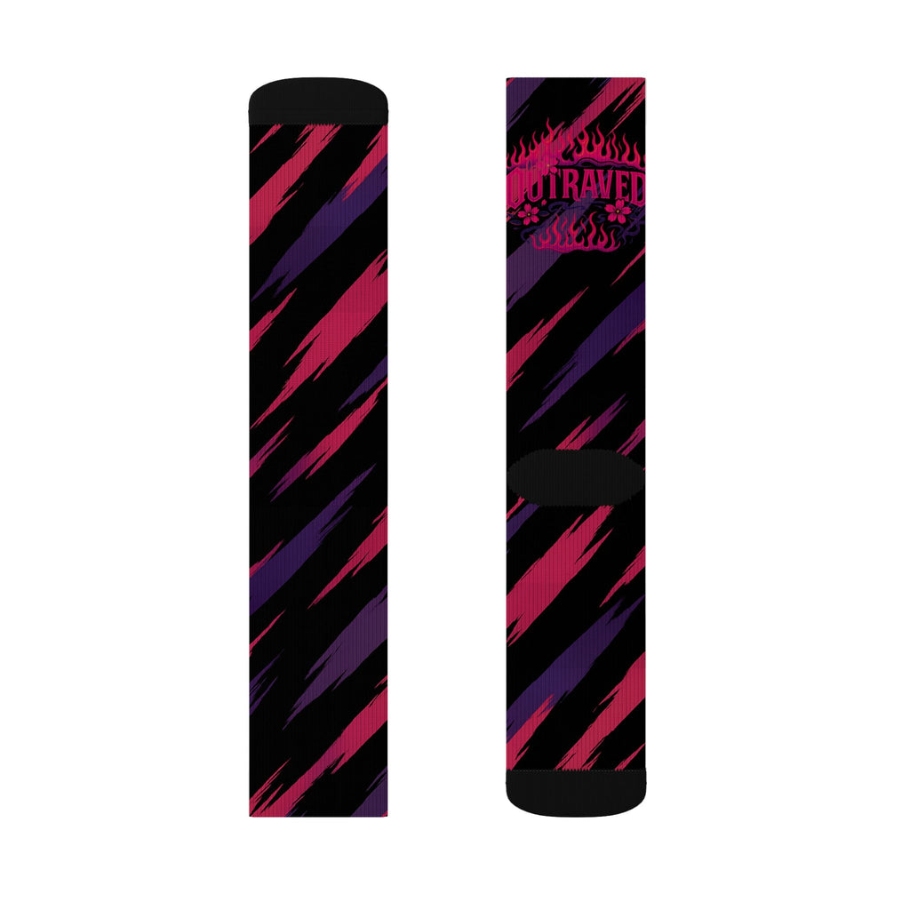 Retro Neon Stripe Socks — Bold Pink & Purple Abstract Crew Socks