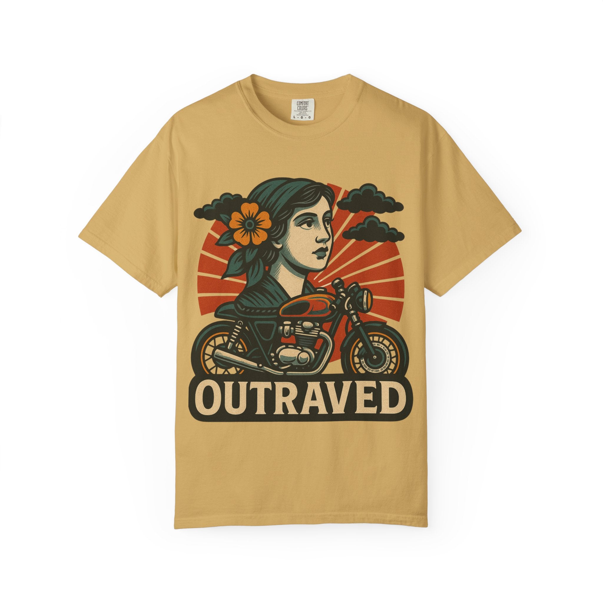 A Outraved Motorcycle Graphic T-Shirt — Vintage Rider Skull & Sunburst Tee