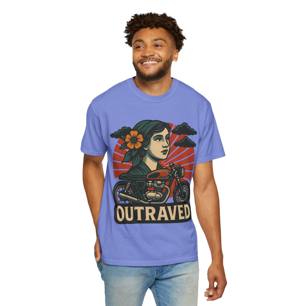 A Outraved Motorcycle Graphic T-Shirt — Vintage Rider Skull & Sunburst Tee