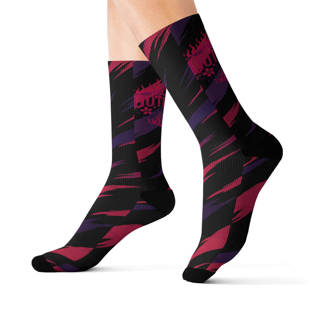 Retro Neon Stripe Socks — Bold Pink & Purple Abstract Crew Socks