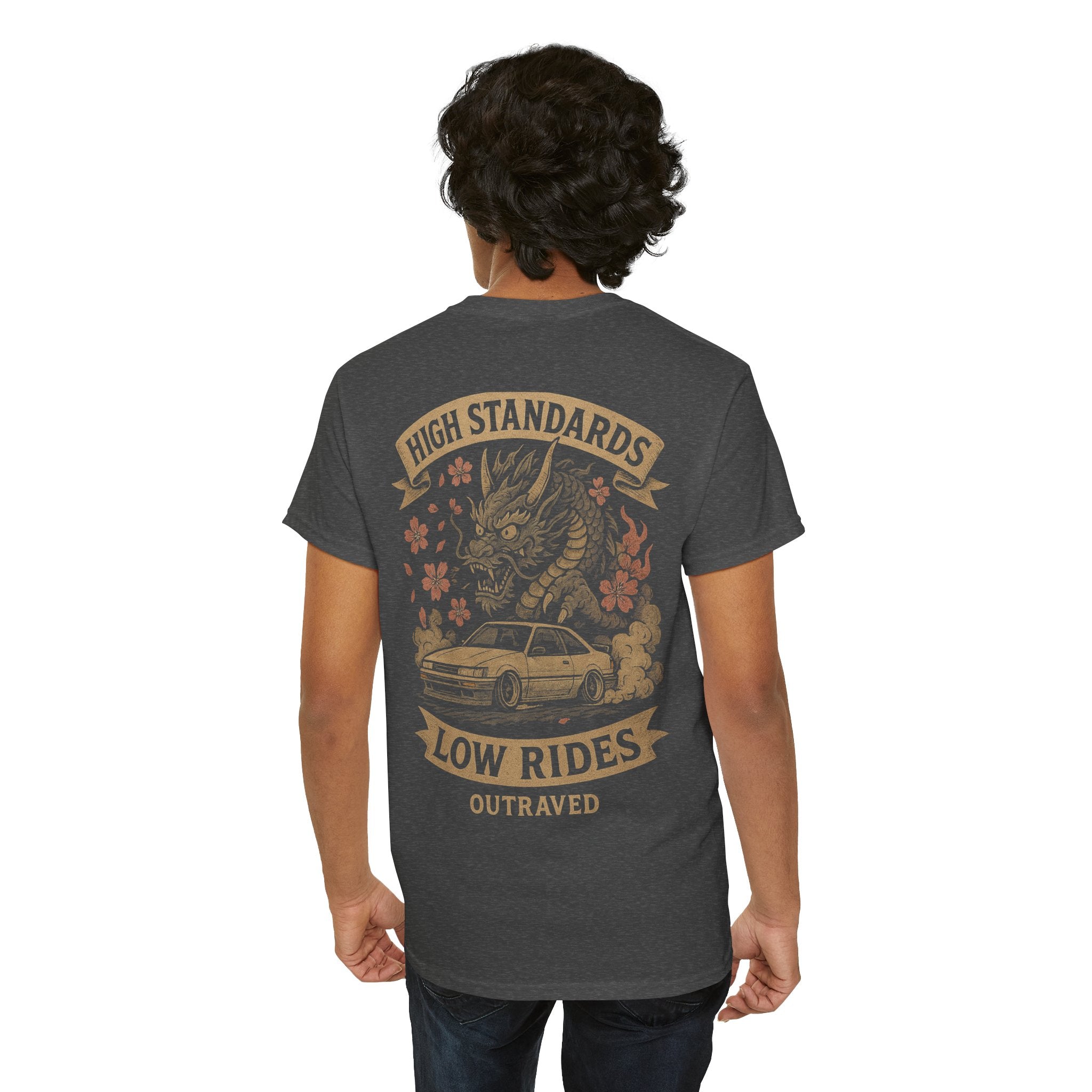 A Outraved 'High Standards Low Rides' Graphic Tee — Vintage Dragon Car Design