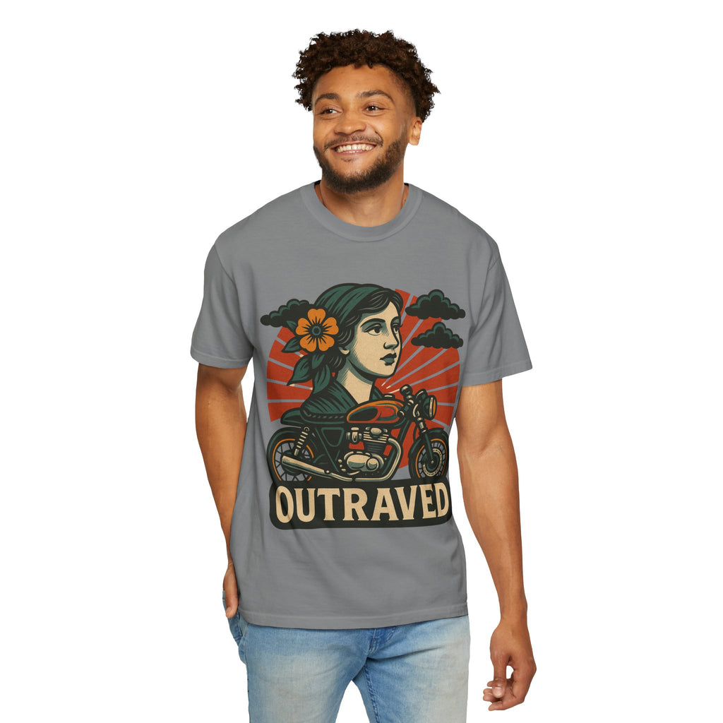 A Outraved Motorcycle Graphic T-Shirt — Vintage Rider Skull & Sunburst Tee