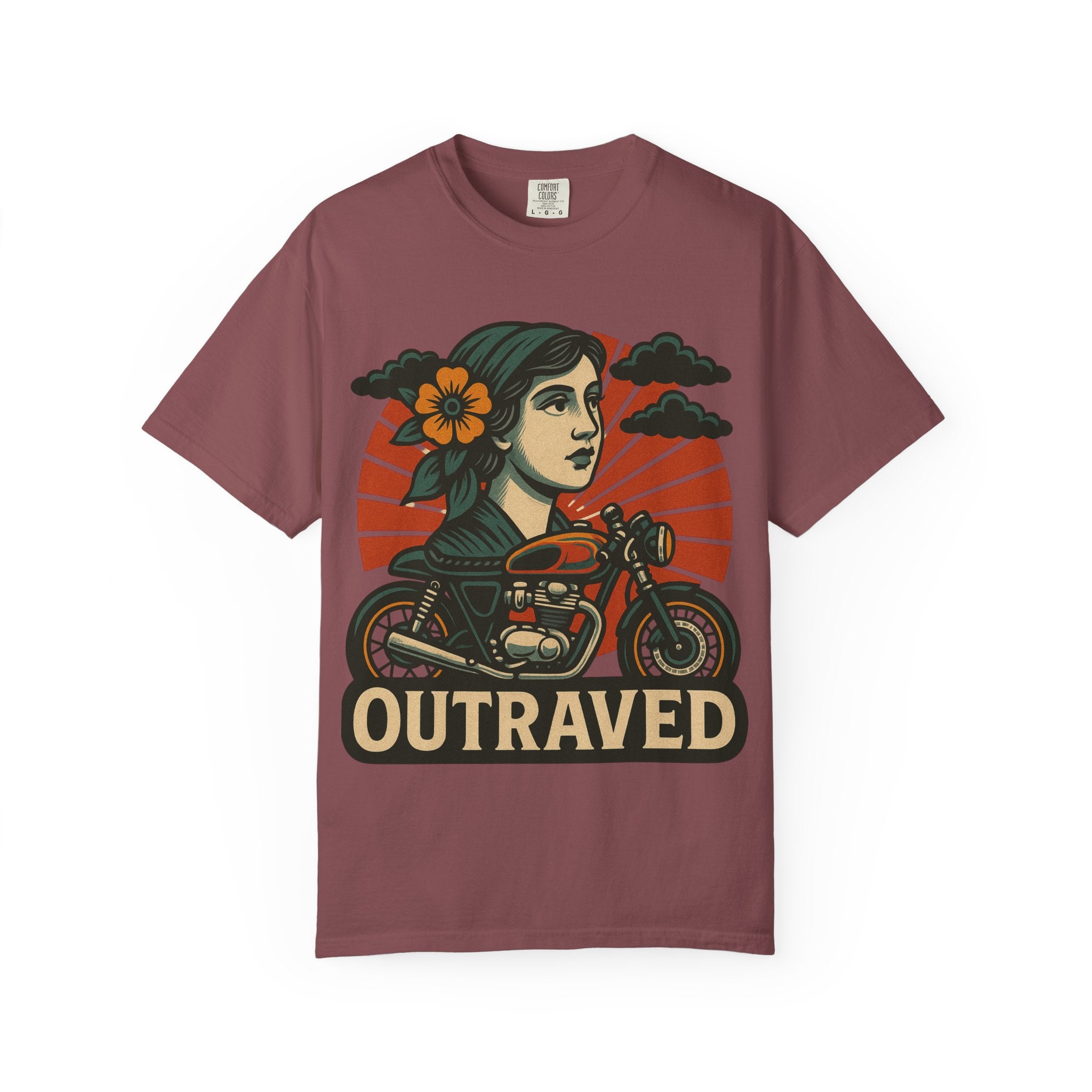 A Outraved Motorcycle Graphic T-Shirt — Vintage Rider Skull & Sunburst Tee