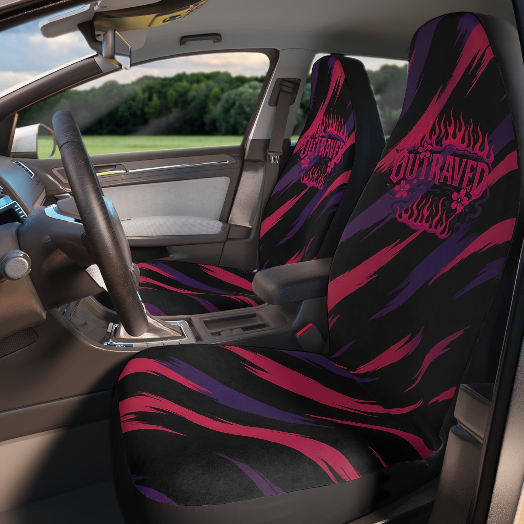 Car Seat Covers — “Outraver” Flame Stripe Polyester Seat Protector (Black, Pink & Purple)