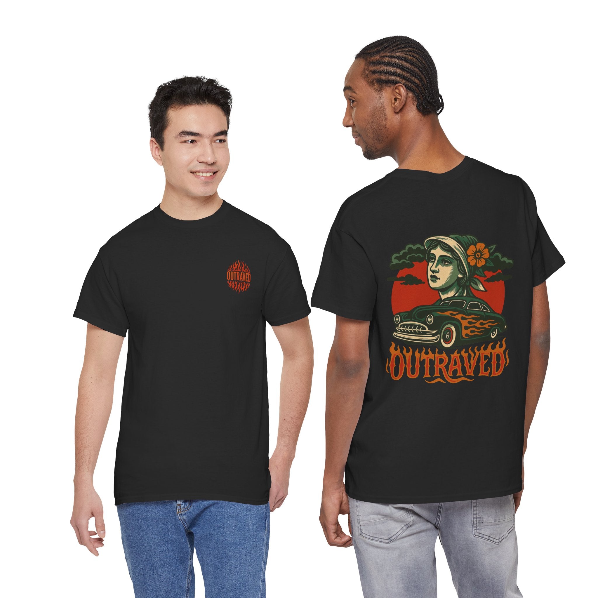 Outraved Flames Graphic Tee — Vintage Car & Woman Back Print
