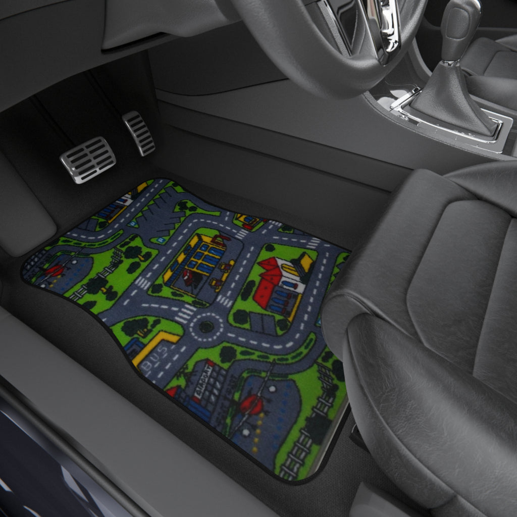 Children’s Playroad Car Floor Mats — Two Front Seat Covers with Colorful Town Roadmap Design