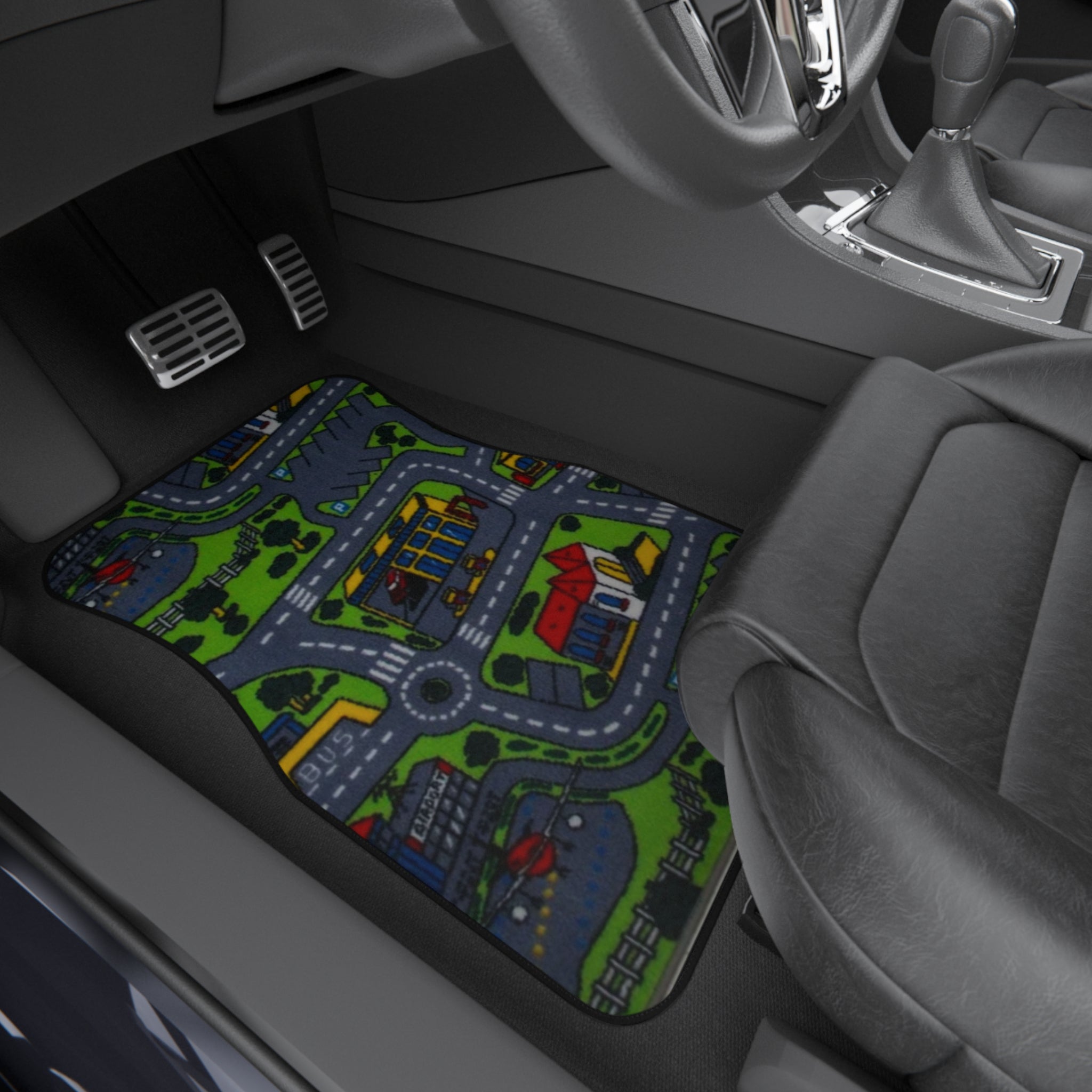 Children’s Playroad Car Floor Mats — Two Front Seat Covers with Colorful Town Roadmap Design