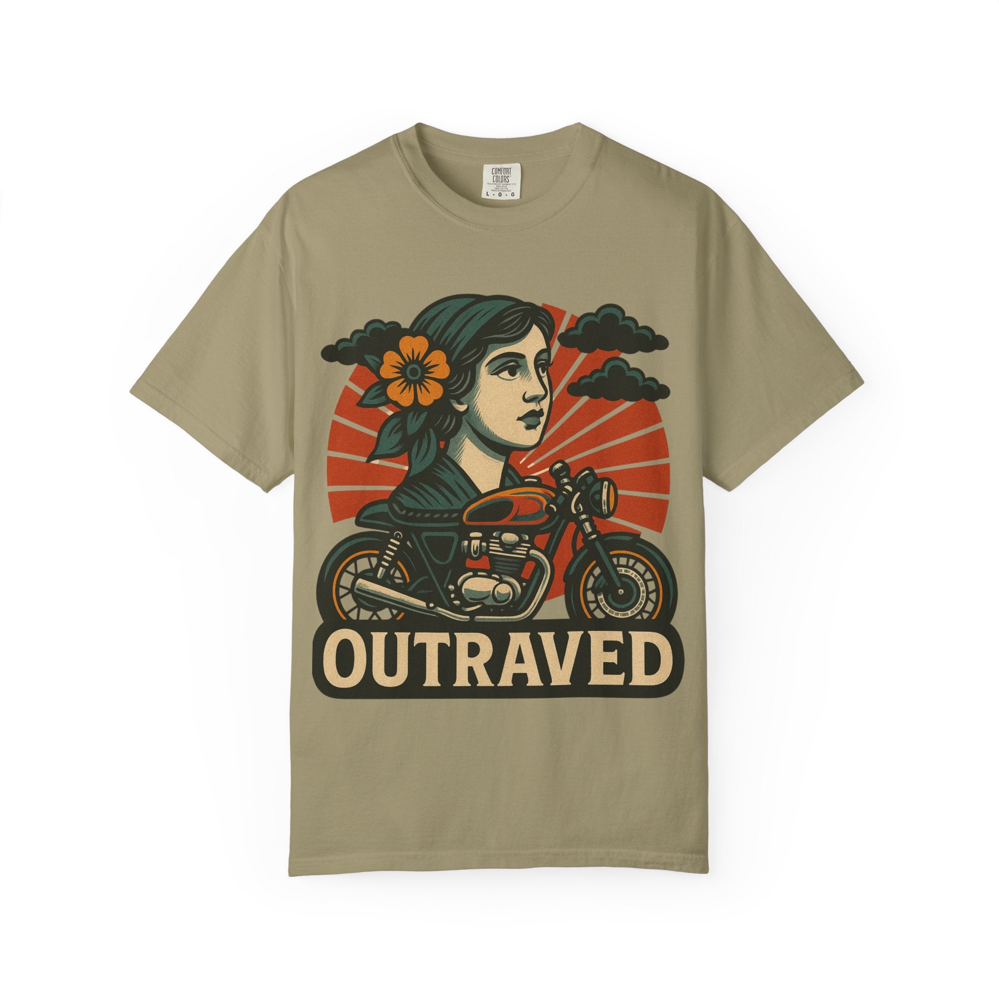 A Outraved Motorcycle Graphic T-Shirt — Vintage Rider Skull & Sunburst Tee