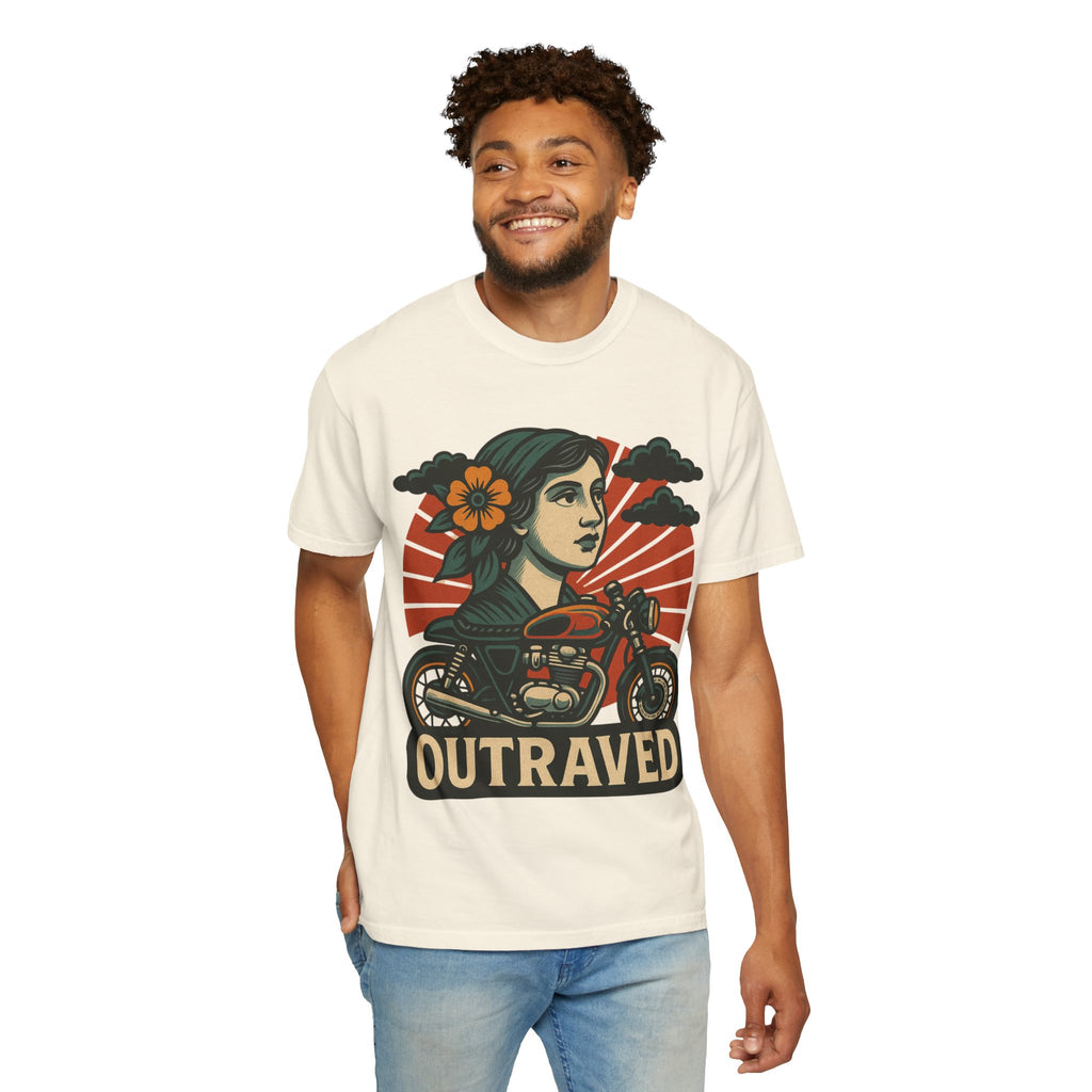 A Outraved Motorcycle Graphic T-Shirt — Vintage Rider Skull & Sunburst Tee