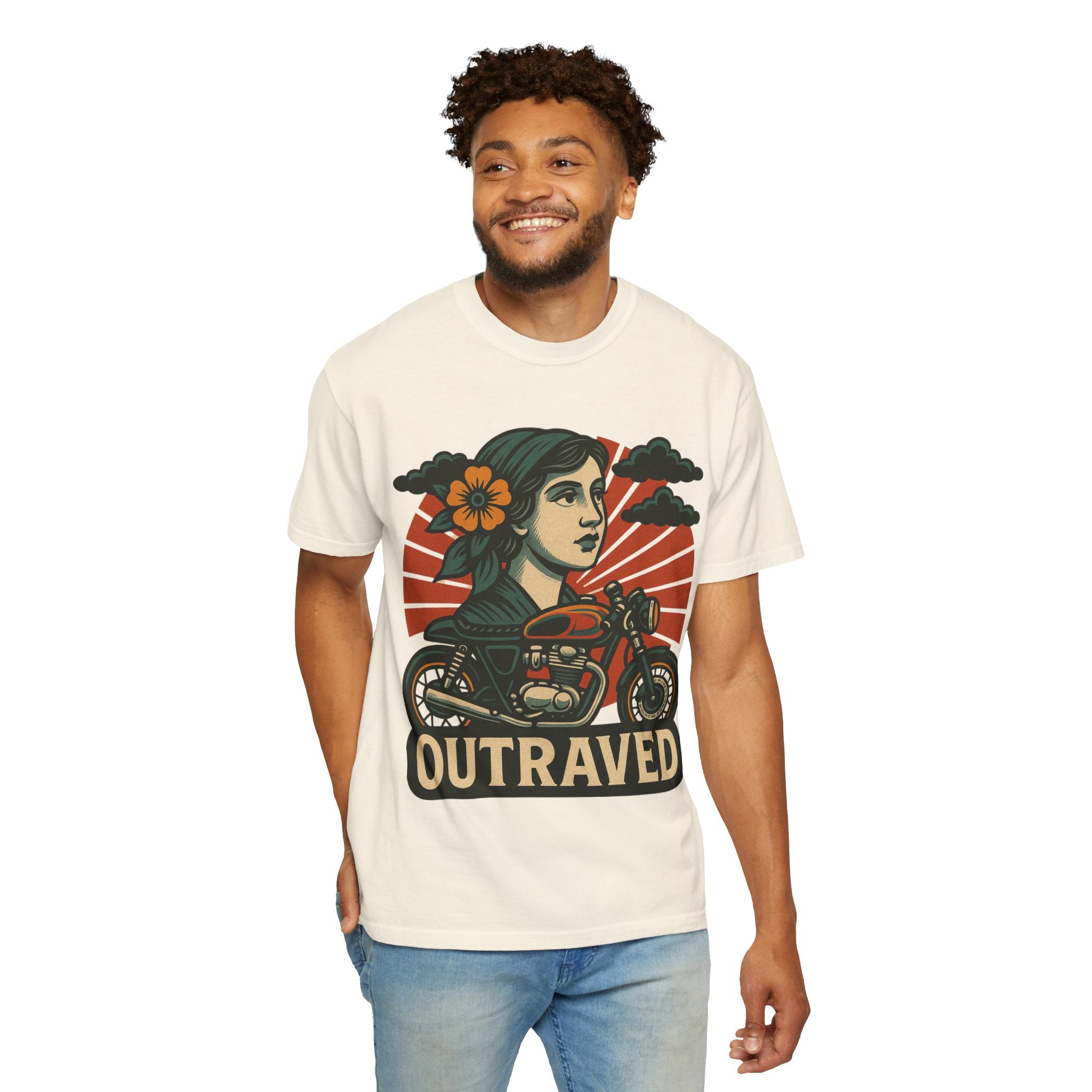 A Outraved Motorcycle Graphic T-Shirt — Vintage Rider Skull & Sunburst Tee