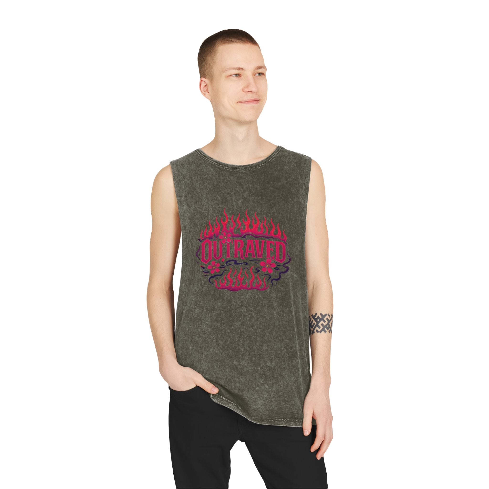 A Outraved Flame Graphic Tank Top — Stonewash Muscle Tee