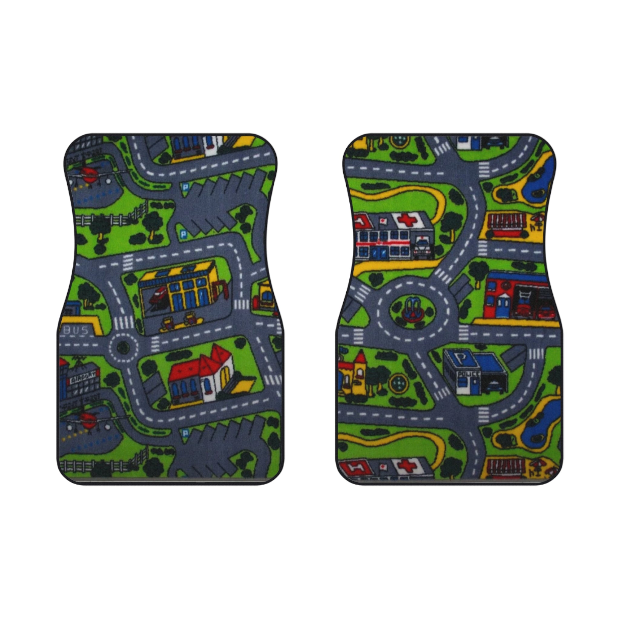 Children’s Playroad Car Floor Mats — Two Front Seat Covers with Colorful Town Roadmap Design