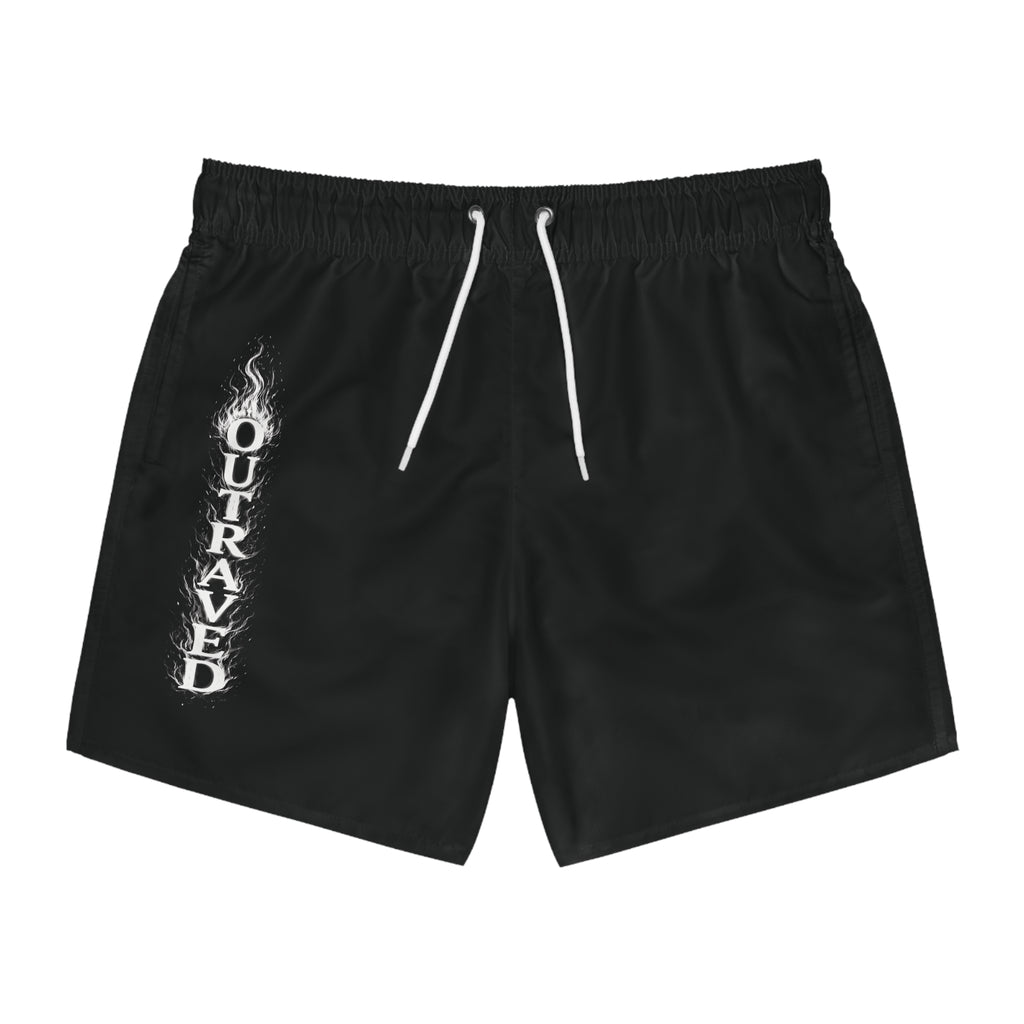 Men's Black Swim Trunks with 'Outraved' Flaming Gothic Text — Beach & Pool Shorts