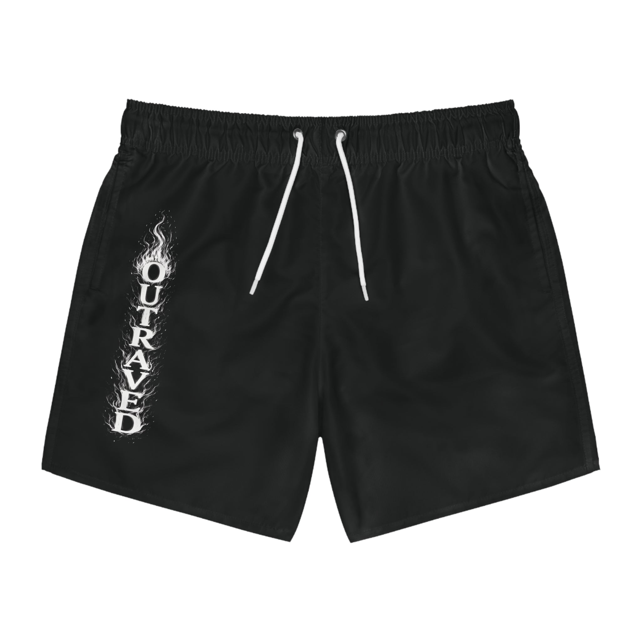 Men's Black Swim Trunks with 'Outraved' Flaming Gothic Text — Beach & Pool Shorts