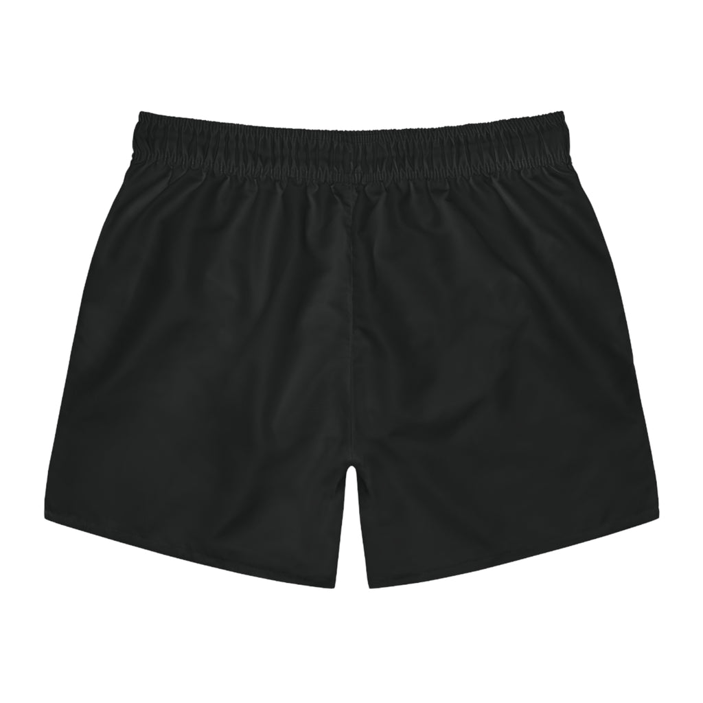 Men's Black Swim Trunks with 'Outraved' Flaming Gothic Text — Beach & Pool Shorts