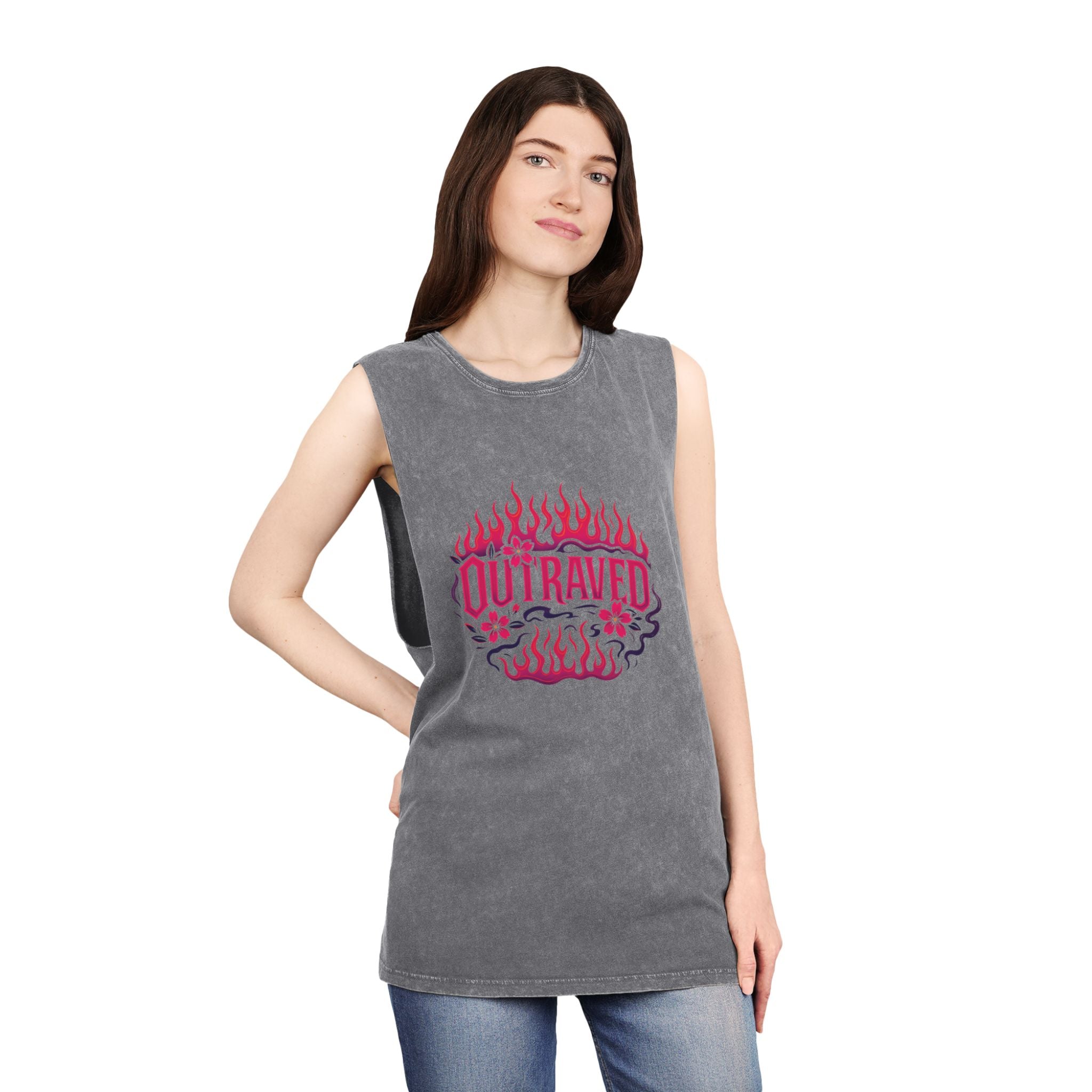 A Outraved Flame Graphic Tank Top — Stonewash Muscle Tee