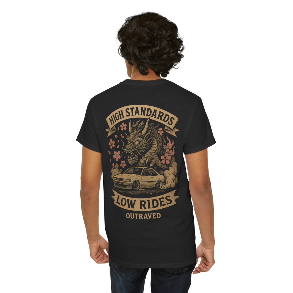 A Outraved 'High Standards Low Rides' Graphic Tee — Vintage Dragon Car Design