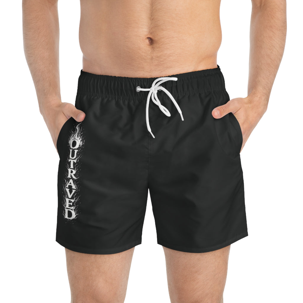 Men's Black Swim Trunks with 'Outraved' Flaming Gothic Text — Beach & Pool Shorts