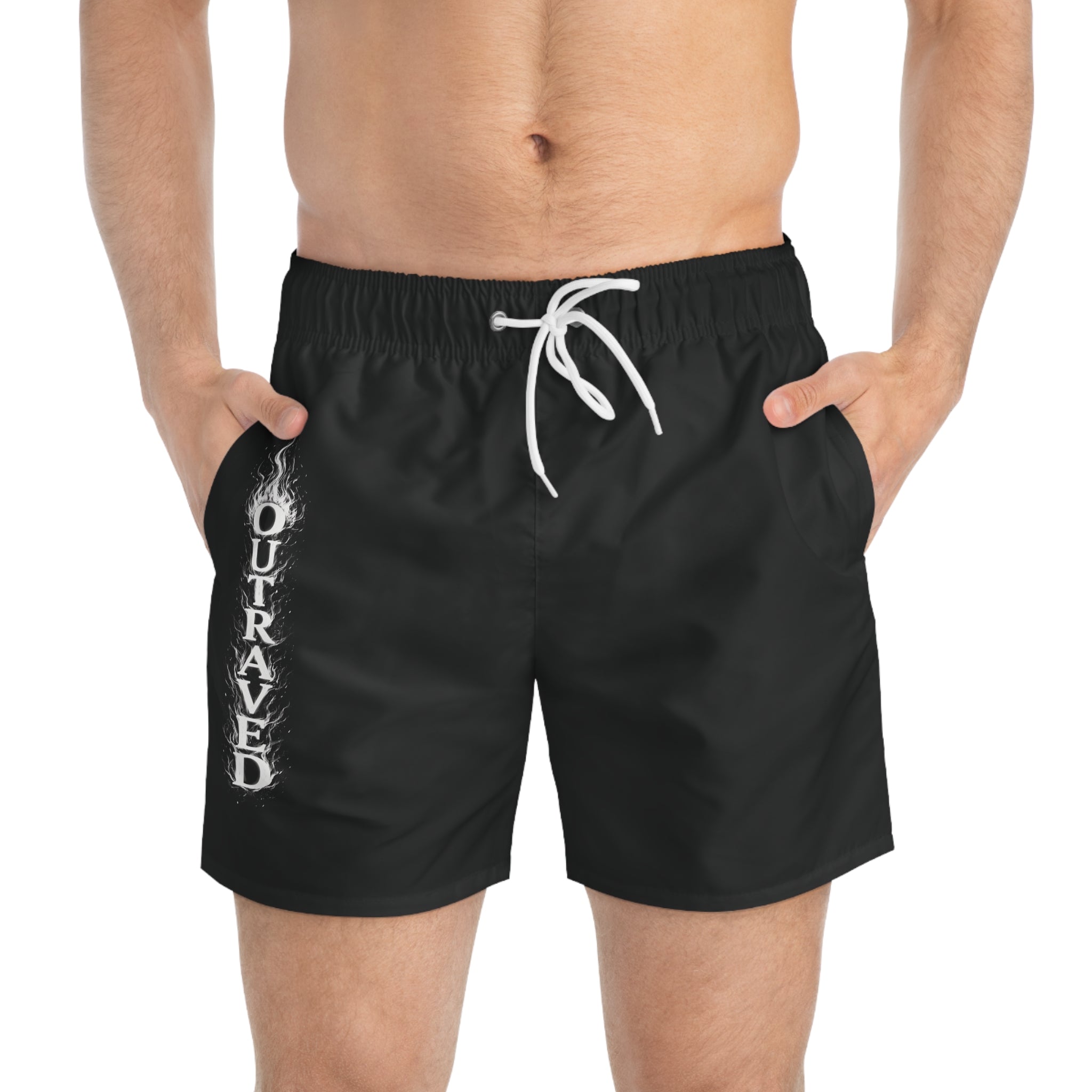Men's Black Swim Trunks with 'Outraved' Flaming Gothic Text — Beach & Pool Shorts