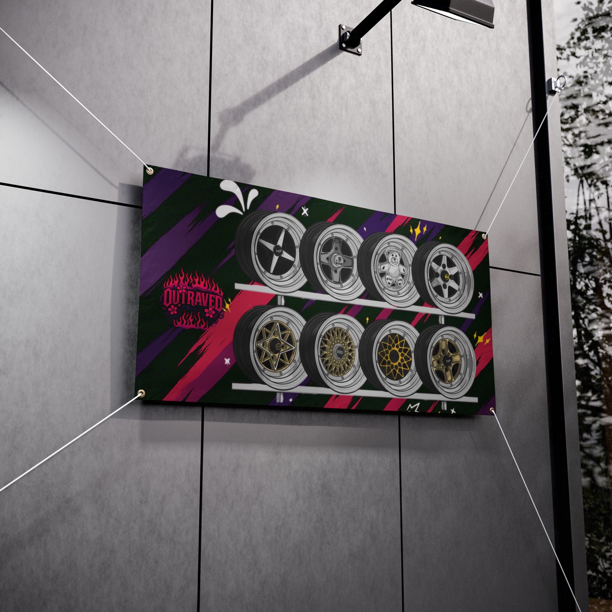 Custom Racing Wheels Vinyl Banner – Automotive Shop Display, Wheel Rim Design