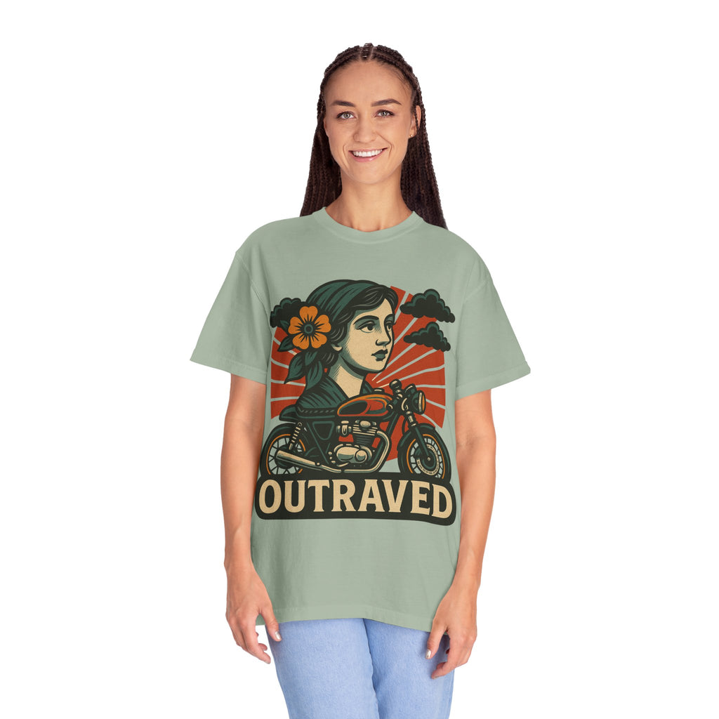 A Outraved Motorcycle Graphic T-Shirt — Vintage Rider Skull & Sunburst Tee