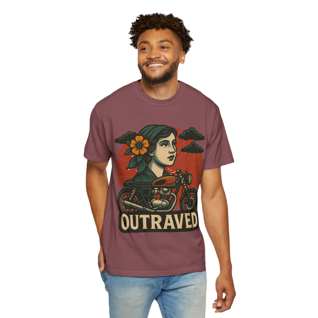 A Outraved Motorcycle Graphic T-Shirt — Vintage Rider Skull & Sunburst Tee