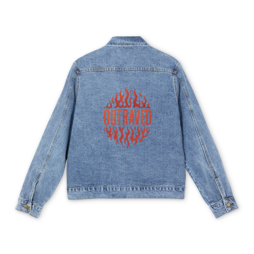 Denim Jacket — Red Flame “Outraged” Back Graphic