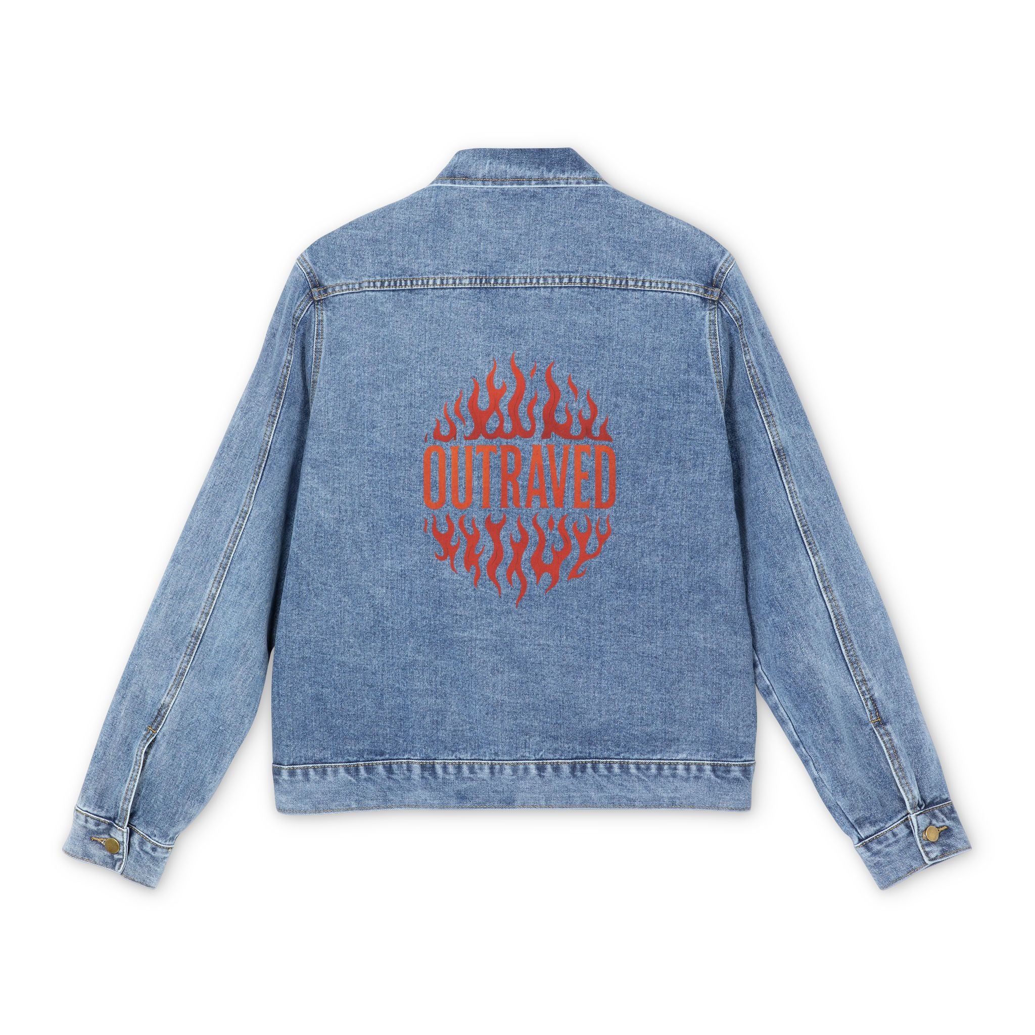 Denim Jacket — Red Flame “Outraged” Back Graphic
