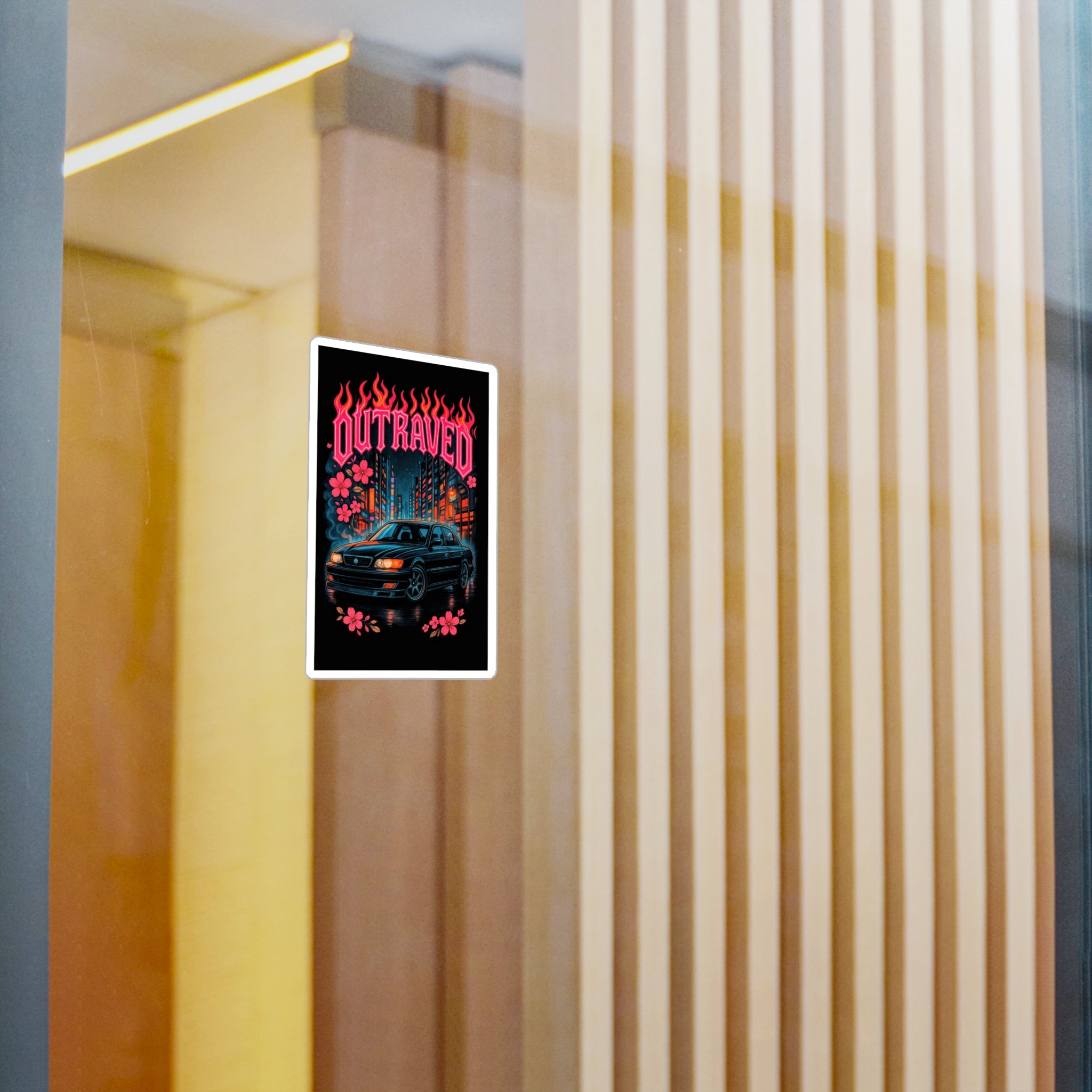 Sticker — Retro JDM Car “Outraved” Neon Flames & Cherry Blossoms