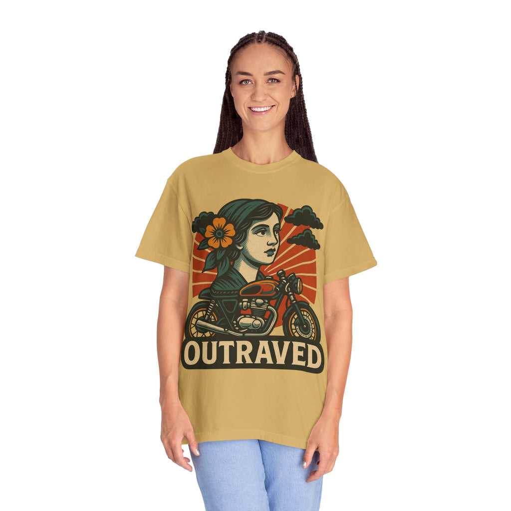 A Outraved Motorcycle Graphic T-Shirt — Vintage Rider Skull & Sunburst Tee