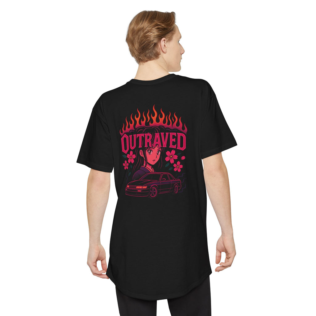 A Outraved Flame Retro Car Longbody Tee — Vintage Anime Streetwear Longline Shirt